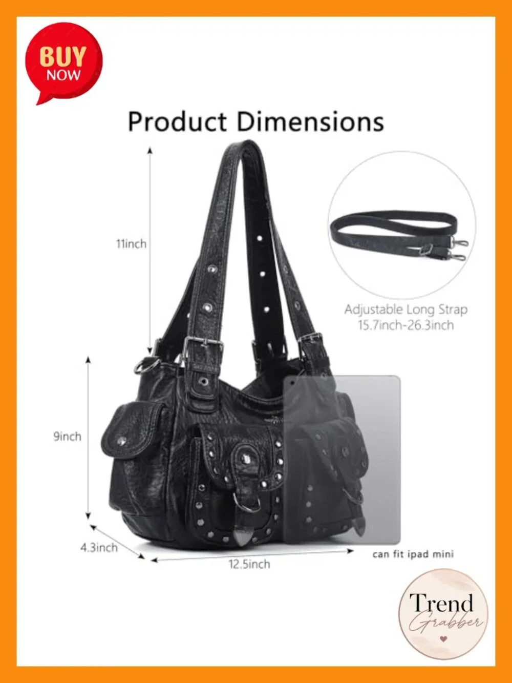 Vegan Leather Hobo Shoulder Bag Multi Pocket Studded Y2K Tote